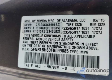 2015 Honda Odyssey Ex-L z USA, uszkodzony, nr VIN 5FNRL5H60FB099885